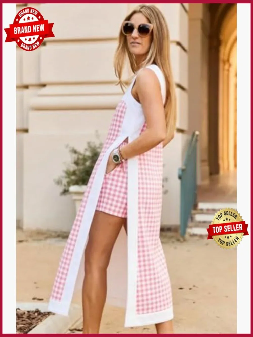 Women's 2 Piece Sets Sleeveless Plaid Maxi Dress with Matching Shorts